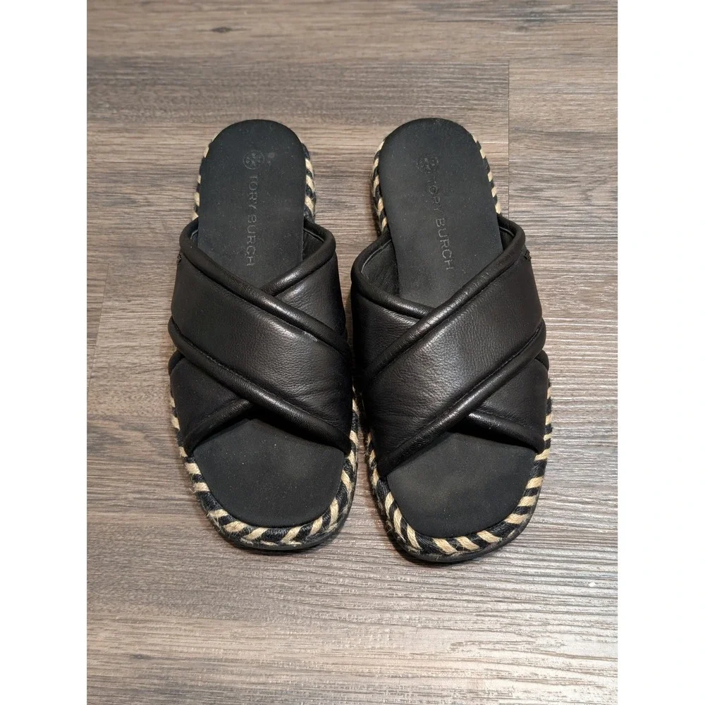 Tory Burch Black Leather Crisscross Espadrille Platform Slides Sandals  8.5